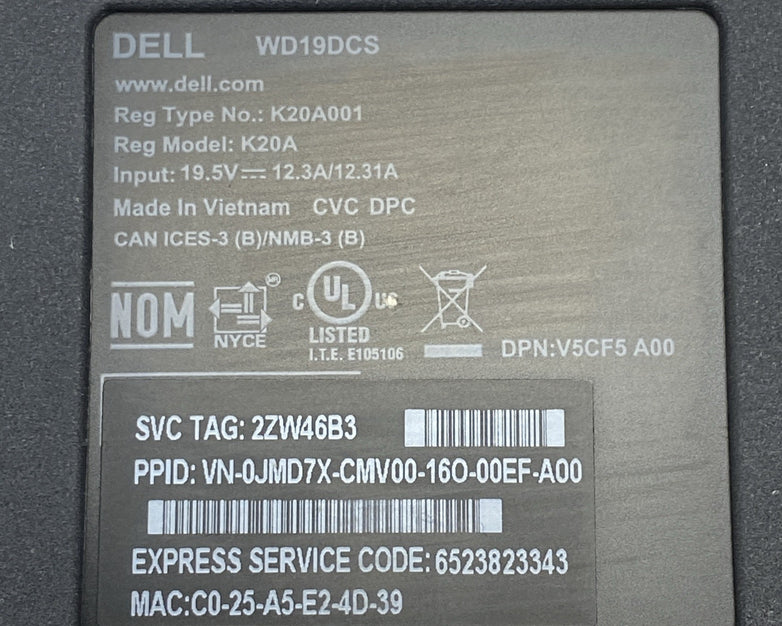 Dell WD19DCS Dual Thunderbolt Performance Docking Station With Power Adapter