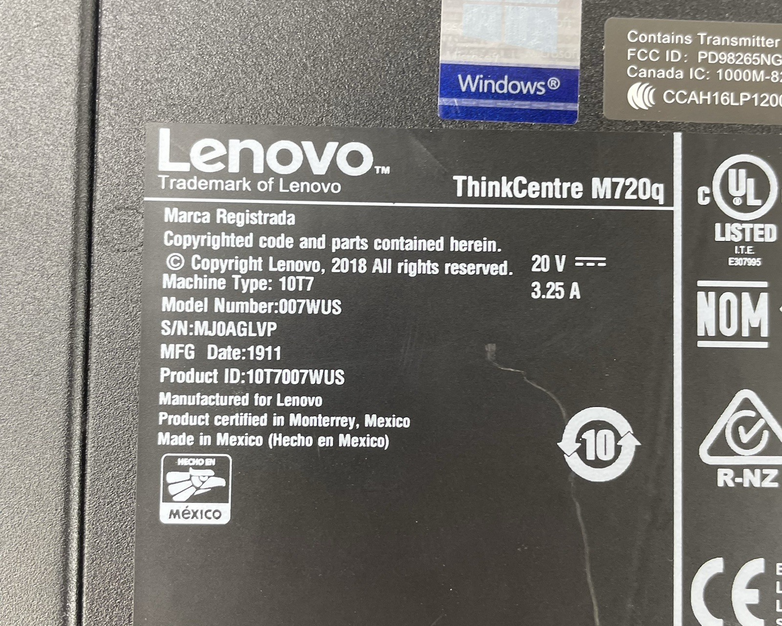 Lenovo ThinkCentre M720Q Micro i5-8400T 1.70 GHz 8 GB RAM No SSD/OS/AC