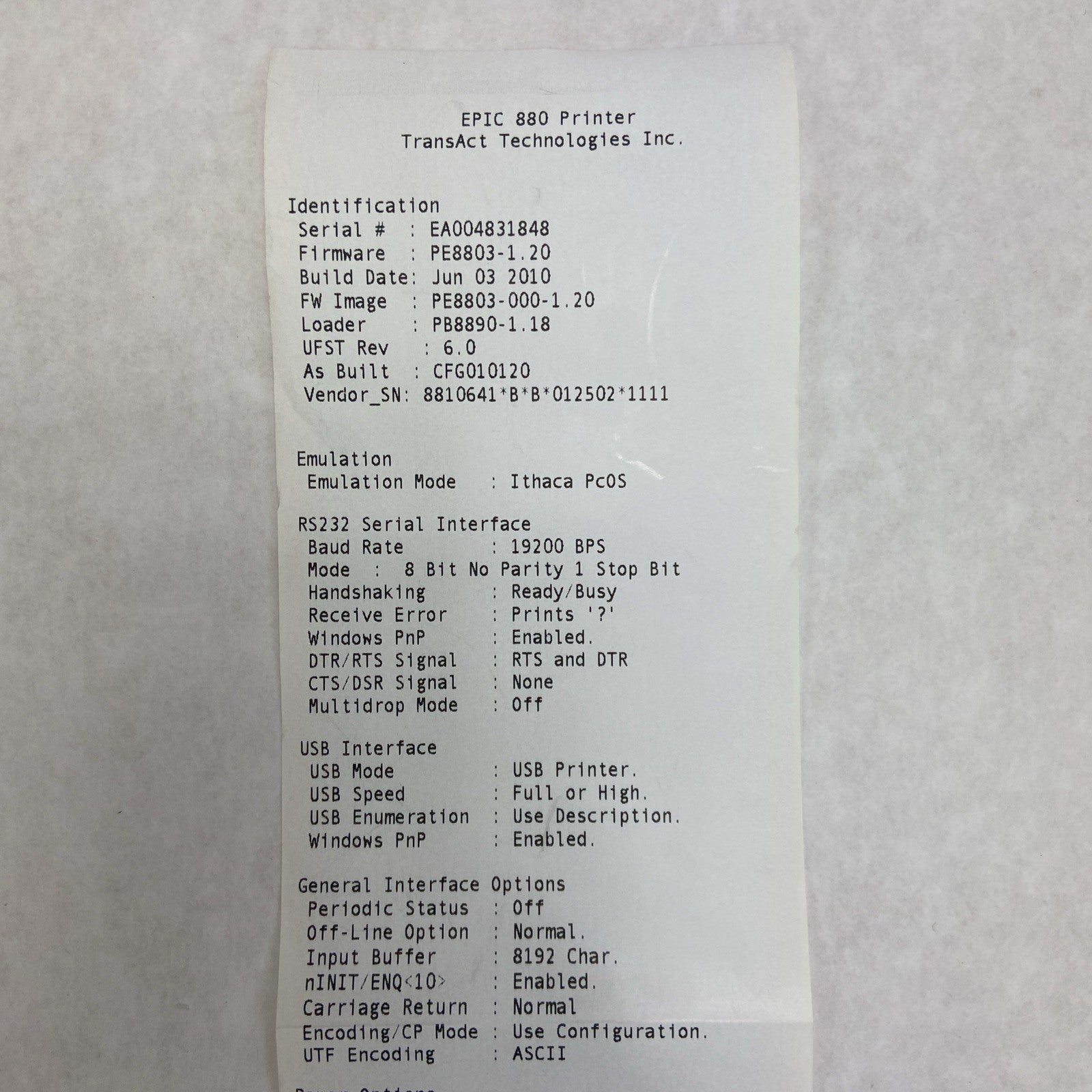 TRANSACT Technologies EPIC 880 Thermal Receipt Kiosk Printer Ithaca PcOS