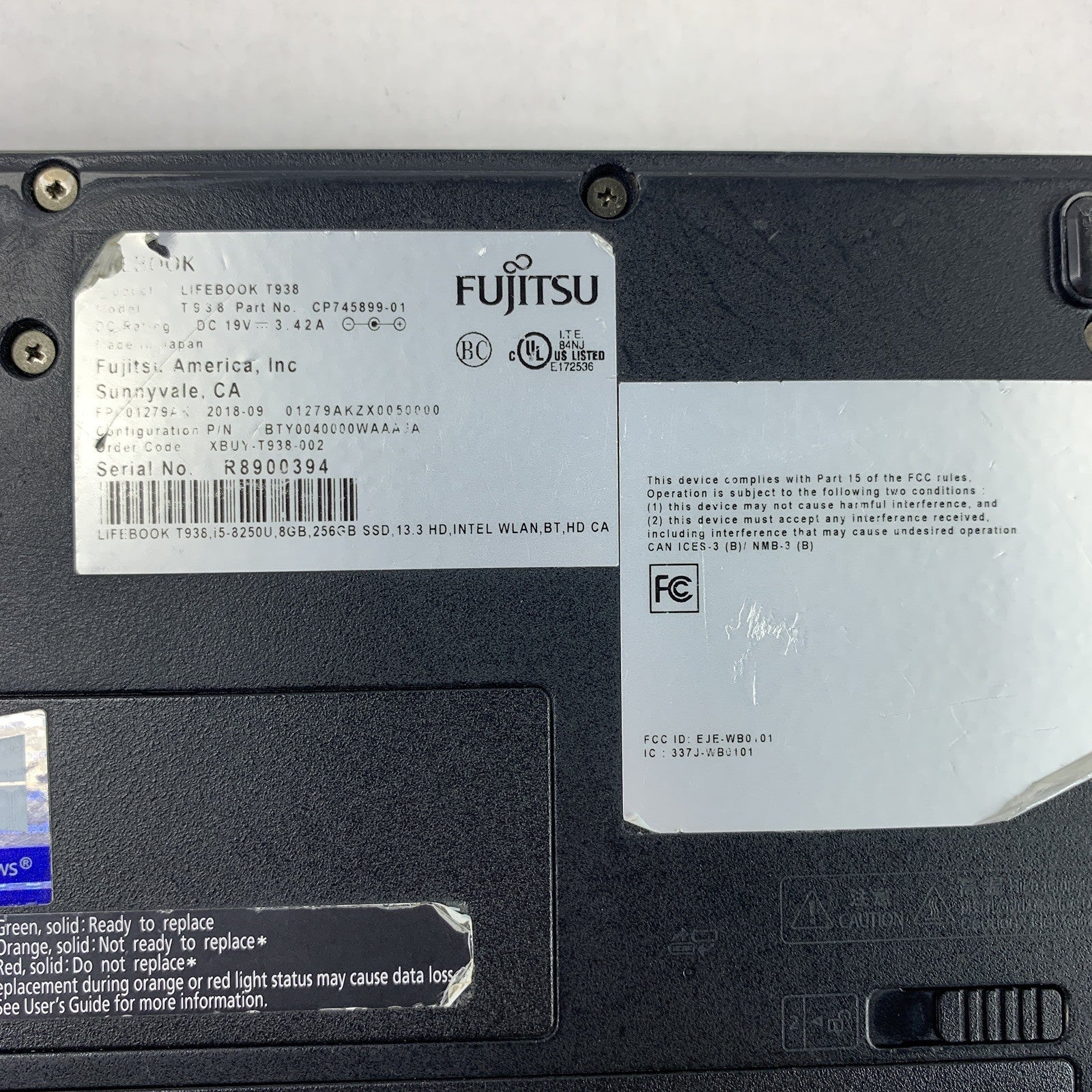 Fujitsu Lifebook T938 13.3" Laptop i5-8250U 1.6 GHz 8 GB Ram No OS No HDD No AC