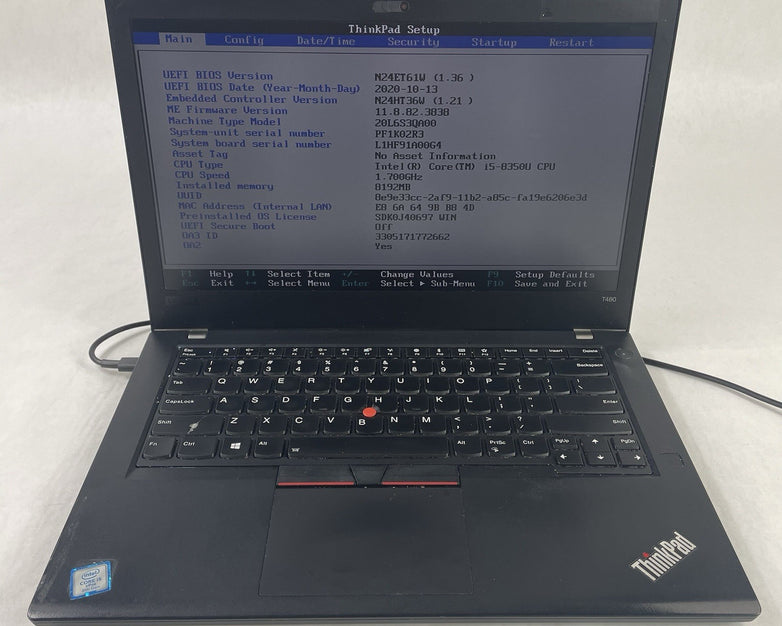 Lenovo ThinkPad T480 14" i5-8350U 1.70 GHz 8 GB RAM No SSD No OS - READ