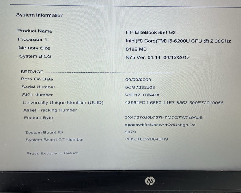 HP EliteBook 850 G3 15.6" i5-6200U 2.30 GHz 8 GB RAM No SSD No OS - Bad Bottom