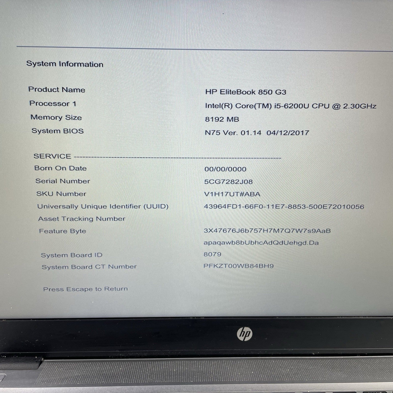 HP EliteBook 850 G3 15.6" i5-6200U 2.30 GHz 8 GB RAM No SSD No OS - Bad Bottom4