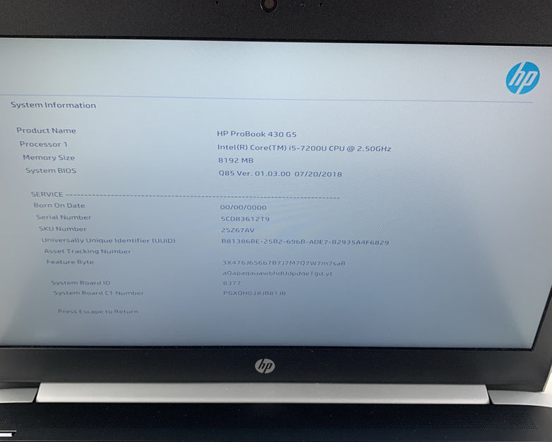 HP ProBook 430 G5 14" i5-7200U 2.5 GHz 8 GB Ram No OS No HDD No Bottom Cover