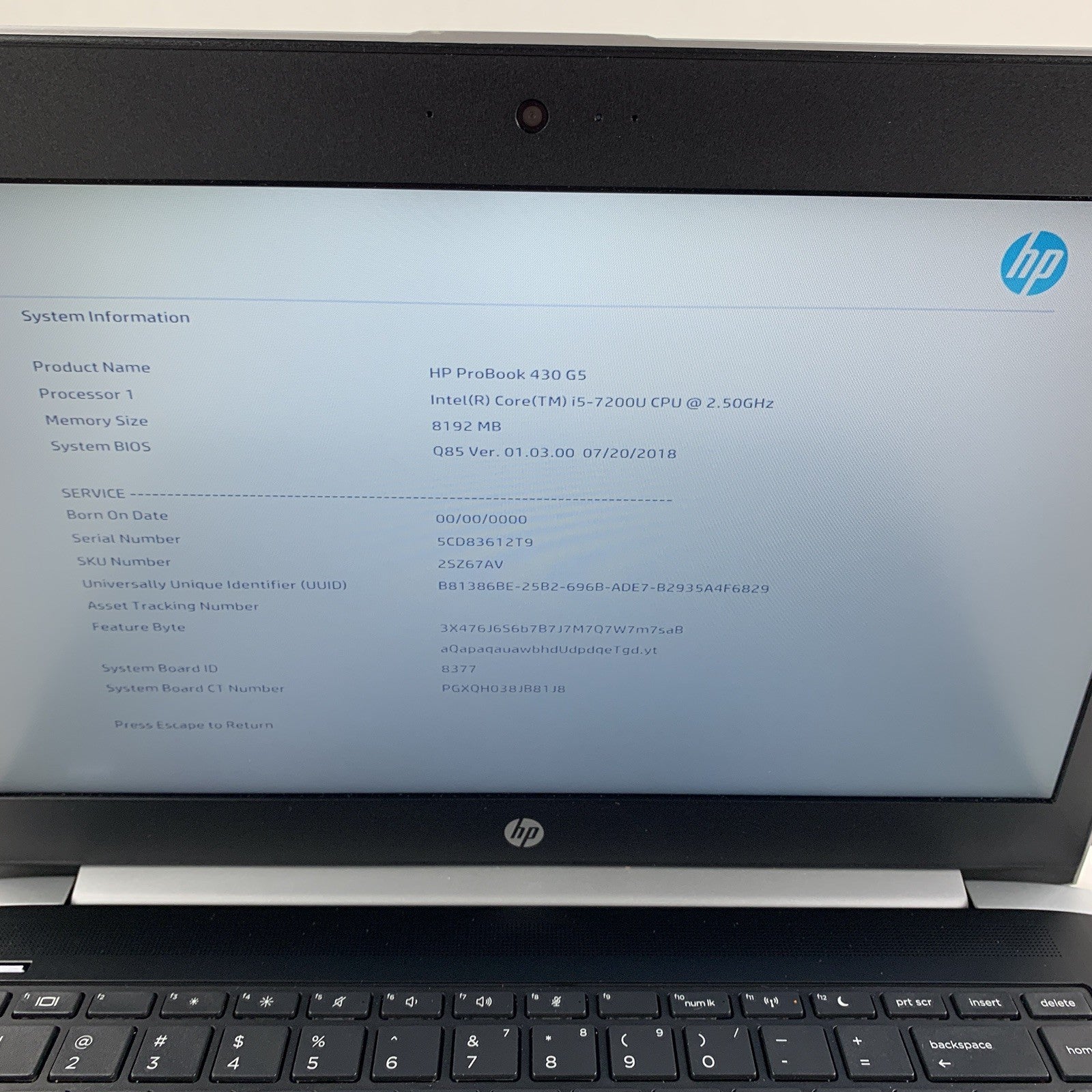 HP ProBook 430 G5 14" i5-7200U 2.5 GHz 8 GB Ram No OS No HDD No Bottom Cover
