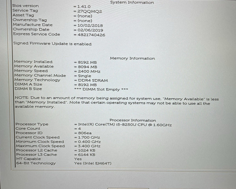 Dell Latitude 5590 15.6" i5-8250U 1.60 GHz 8 GB RAM No SSD/OS/AC - Wifi Card