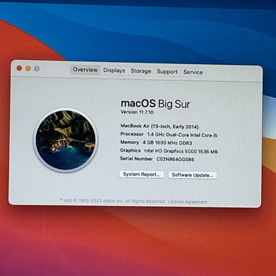 Apple MacBook Air A1466 2014 13" 1.4GHz i5 4GB RAM 250GB SSD os11.7.1 515 Cycles