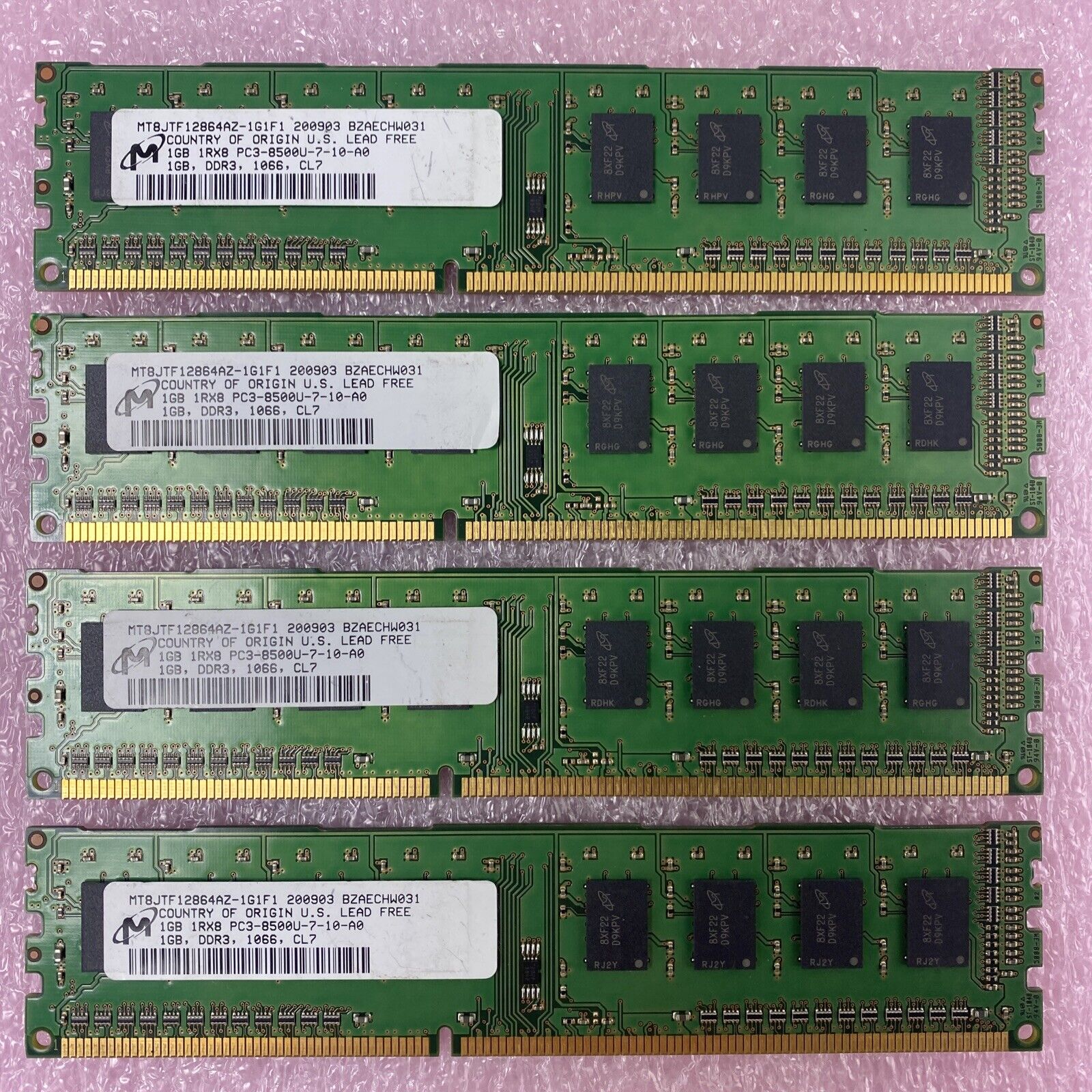 Lot( 4 ) 1GB Micron MT8JTF12864AZ-1G1F1 DDR3 1Rx8 PC3-8500U-7-10-A0 non-ECC RAM