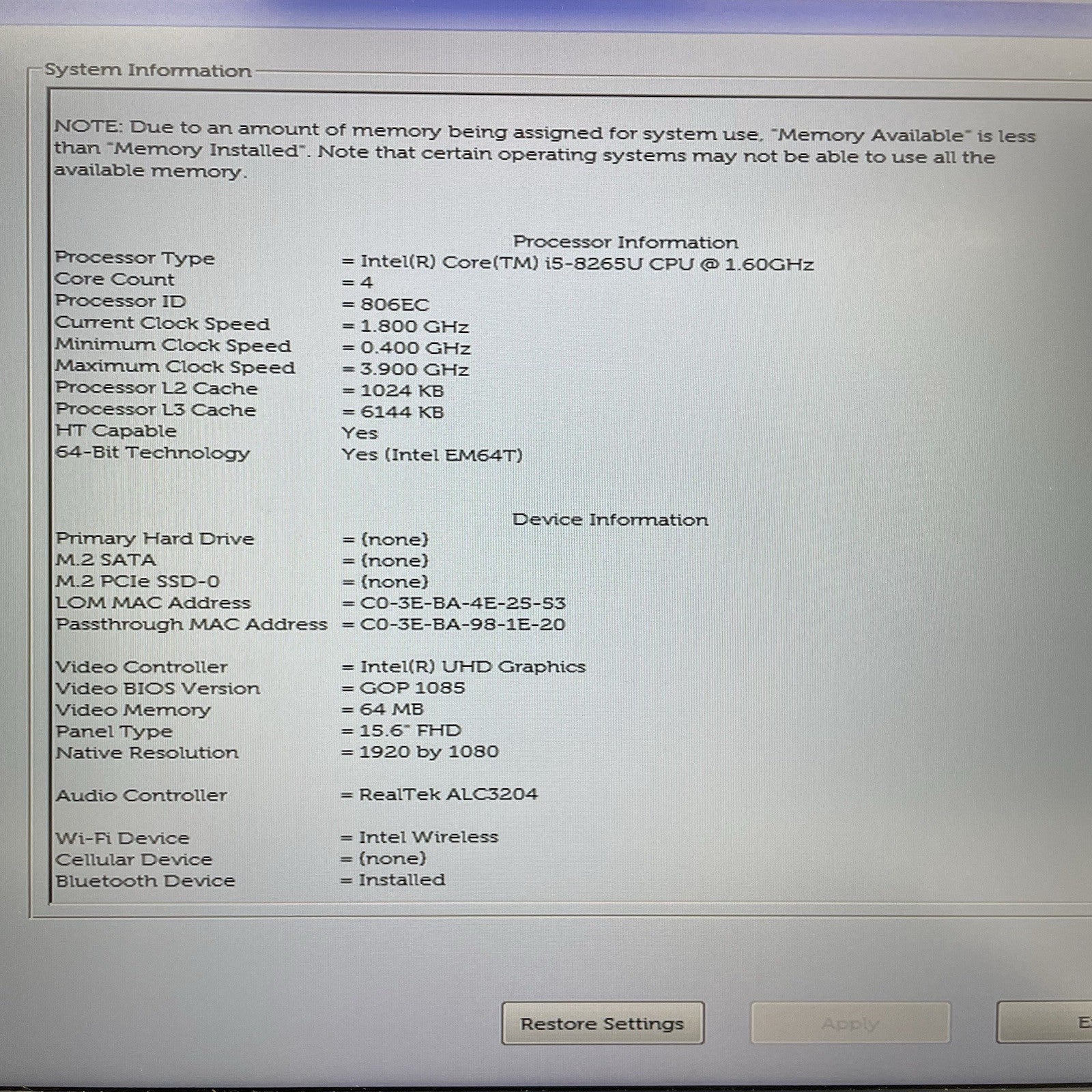Dell Latitude 5500 15.6" i5-8265U 1.60 GHz 8 GB RAM No SSD/OS/AC - Bad Edge3
