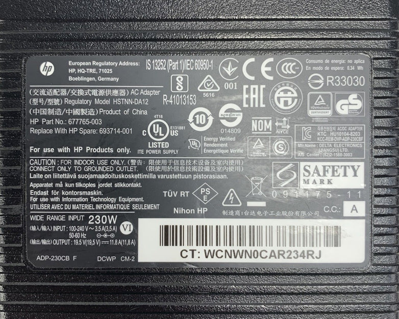 HP HSTNN-DA12 677765-003 230W 19.5V 11.8A AC Adapter Power Supply