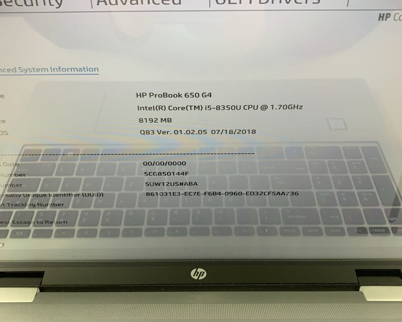 HP Probook 650 G4 15.6" Intel I5-8350U 1.70 GHz 8 GB RAM No OS No HDD