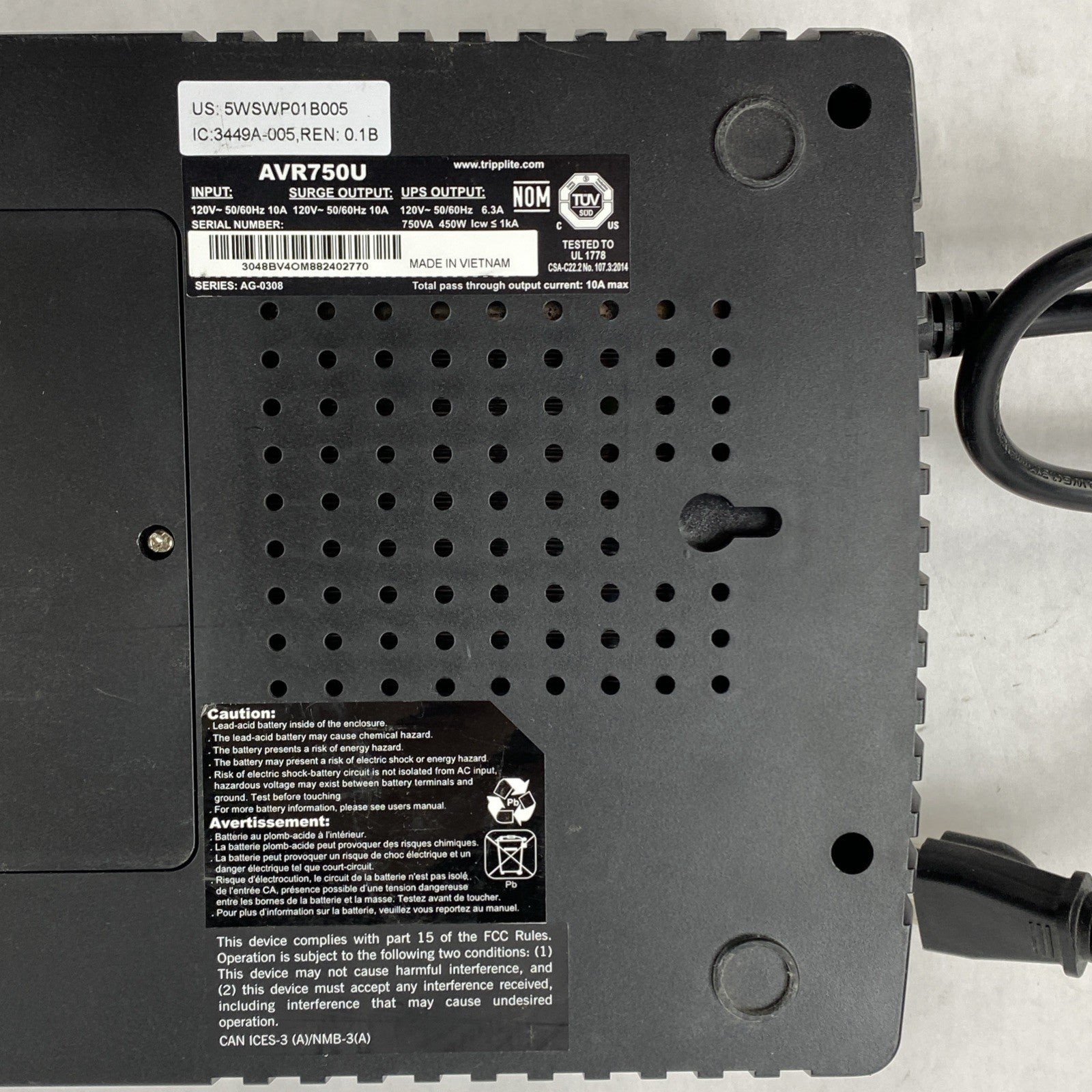 Tripp Lite AVR750U UPS Battery Backup 750VA 120V4