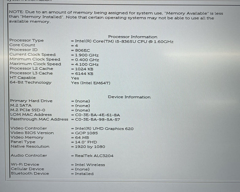 Dell Latitude 5400 14" i5-8365U 1.60 GHz 8 GB RAM No SSD/OS/AC/Batt- Bad Bottom