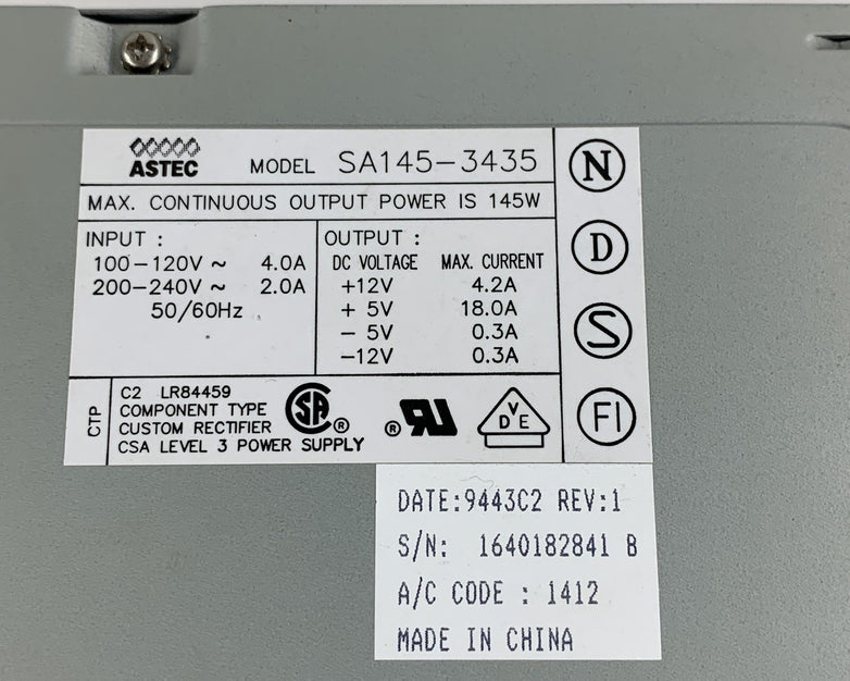 ASTEC SA145-3435 REV 01 145W Power Supply Tested