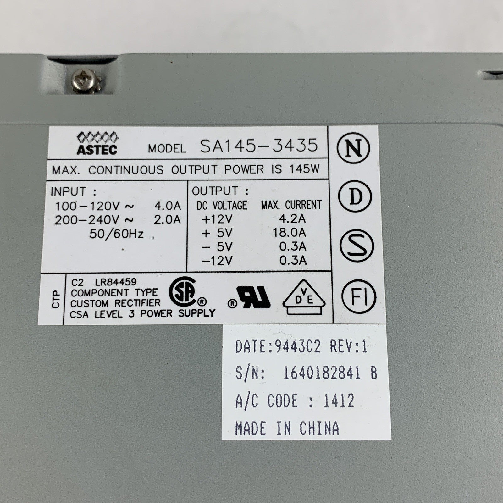 ASTEC SA145-3435 REV 01 145W Power Supply Tested