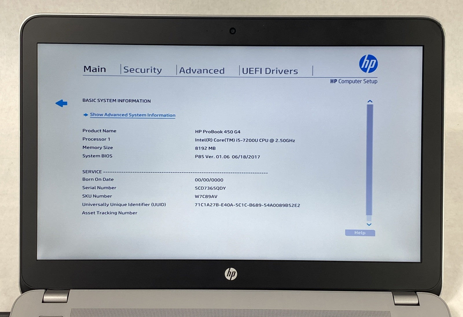 HP ProBook 450 G4 Core i5-7200U 2.50 GHz 8 GB RAM 15.6" No HDD No OS
