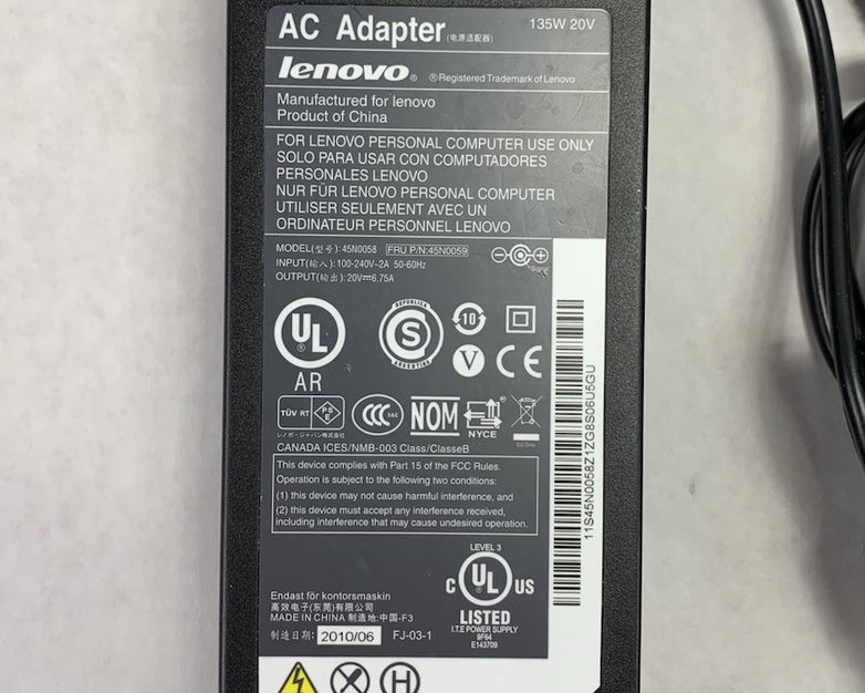 Lenovo 45N0058 135W 20V Big Barrel AC Adapter Power Supply