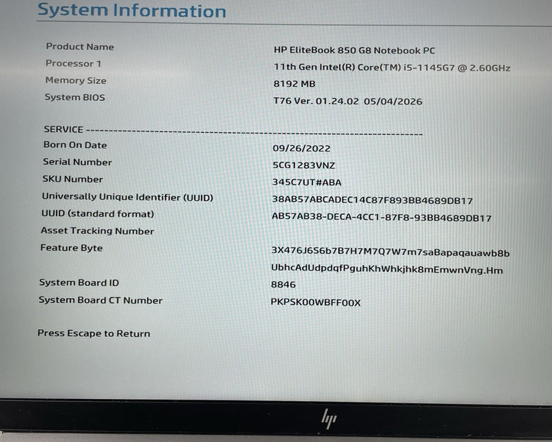 HP EliteBook 850 G8 15.6" i5-1145G7 2.60 GHz 8 GB RAM No SSD/AC/OS/Batt