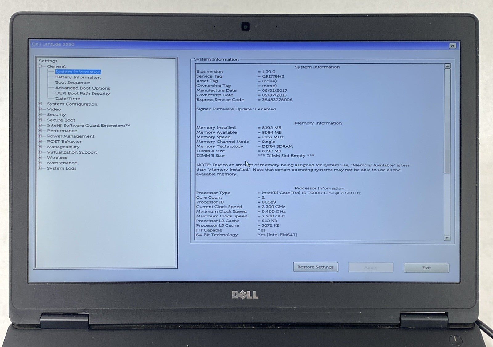 Dell Latitude 5580 Core i5-7300U 2.60 GHz 8 GB RAM 15.6" No Battery No HDD No OS