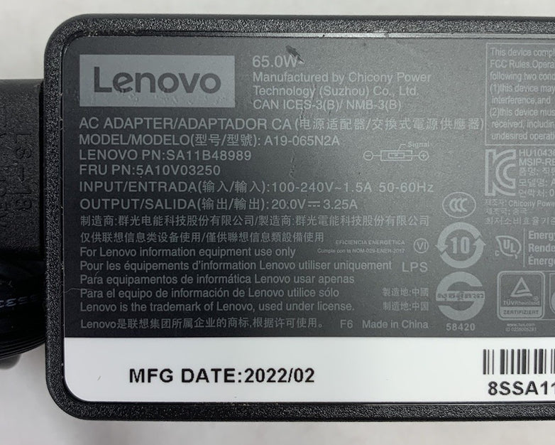 Lenovo A19-065N2A 65W 20V 3.25A Laptop AC Adapter Yellow Square Tip (Lot of 5)