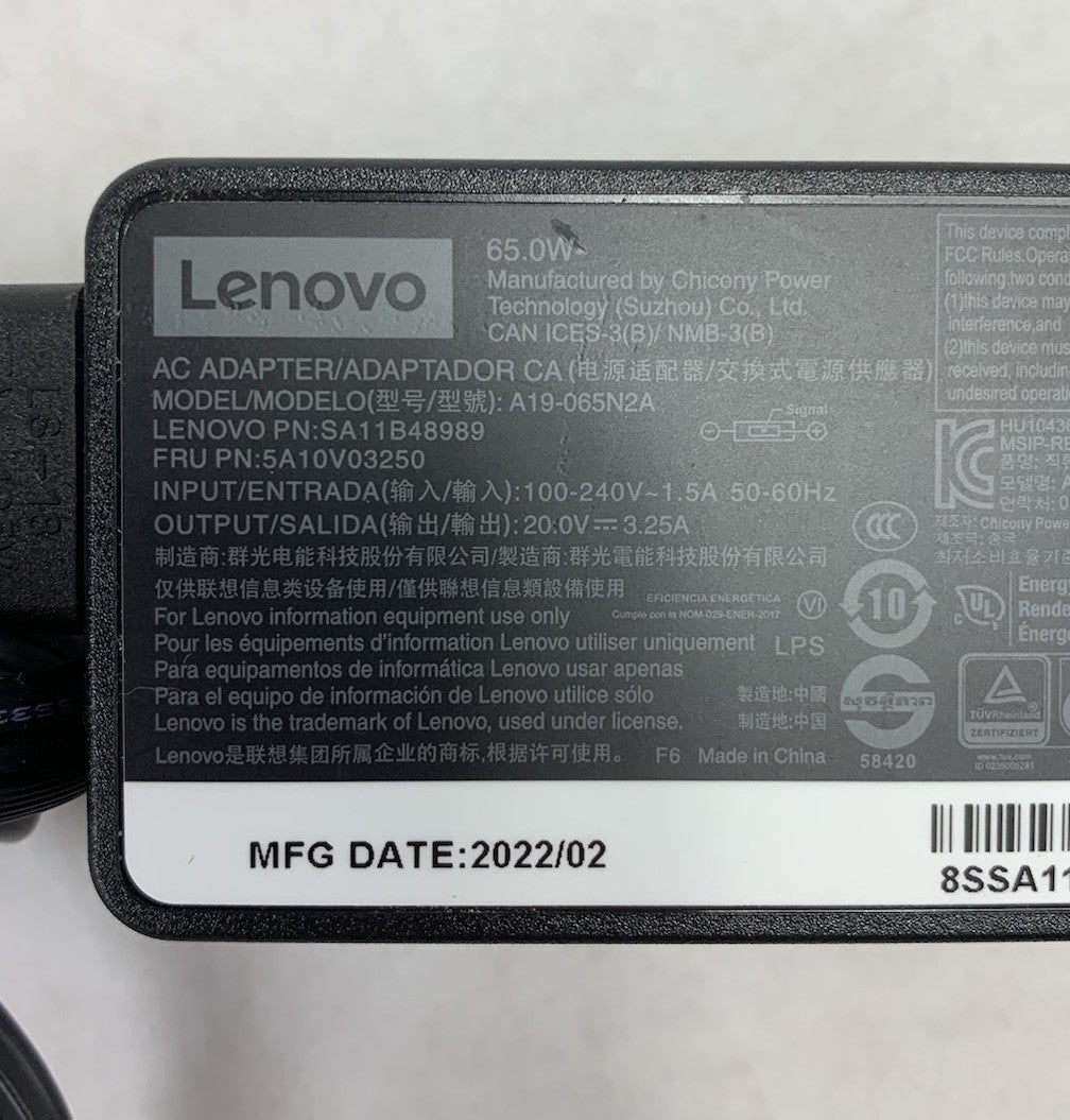 Lenovo A19-065N2A 65W 20V 3.25A Laptop AC Adapter Yellow Square Tip (Lot of 5)