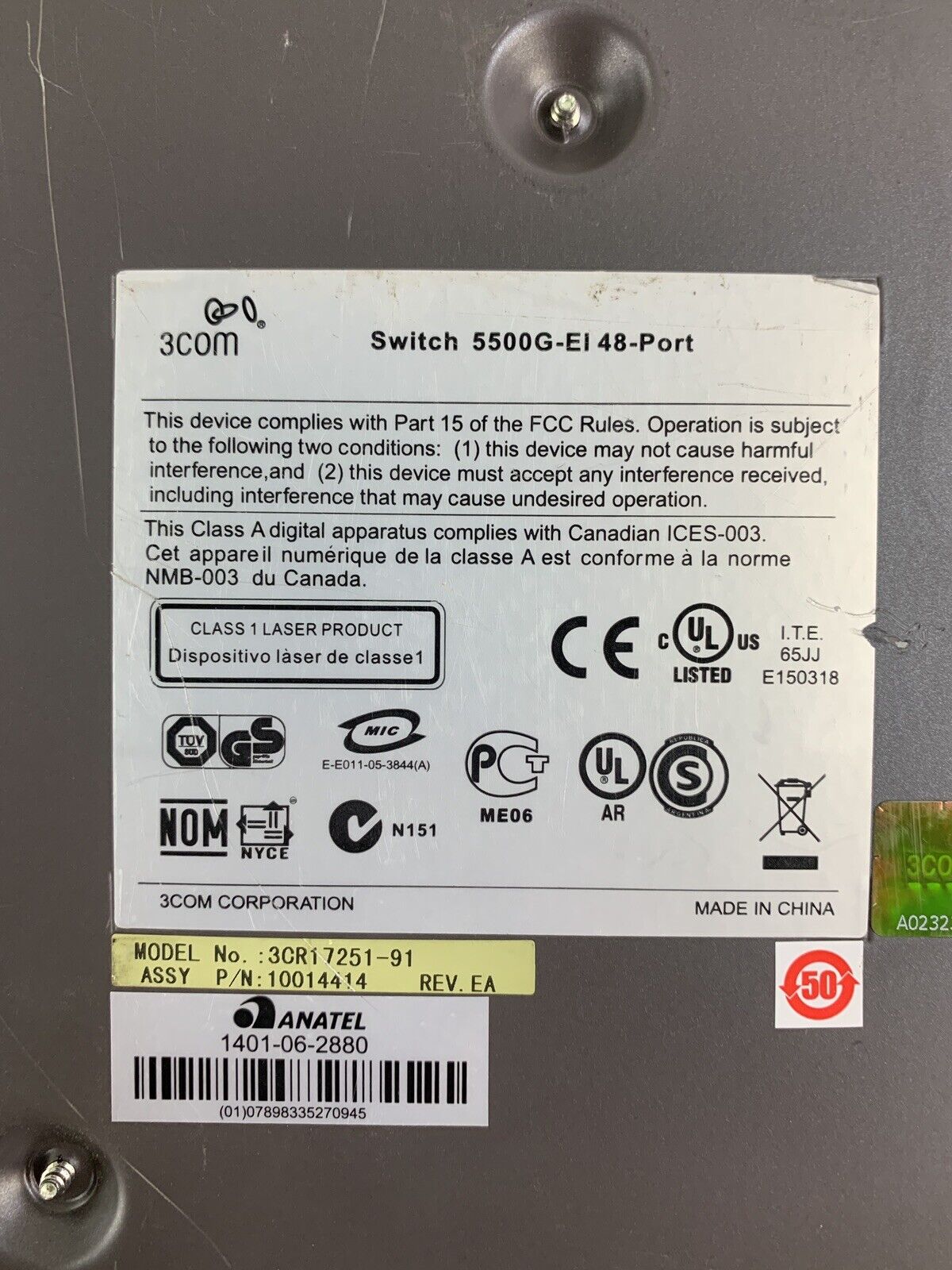 3Com 3CR17251-91 Switch 5500G-EI 48 Port Network Managed Switch Tested