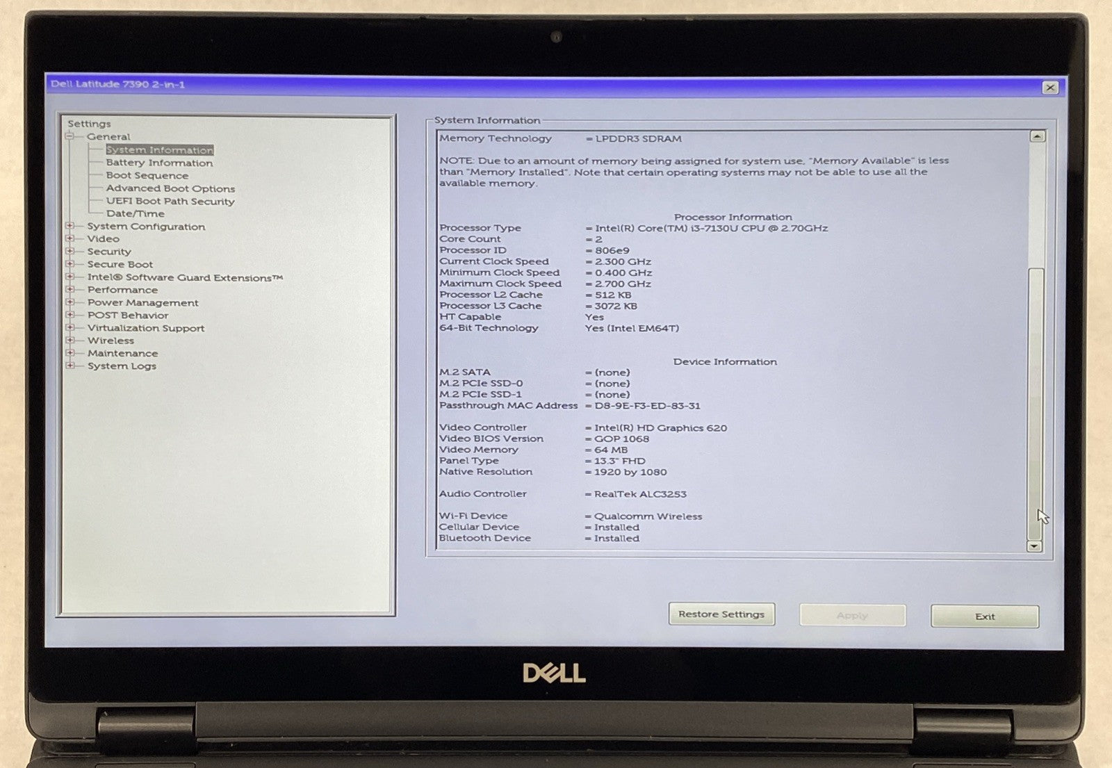 Dell Latitude 7390 2 in 1 13.3" Touch i3-7130U 2.7GHz 4GB RAM No Battery/HDD/OS