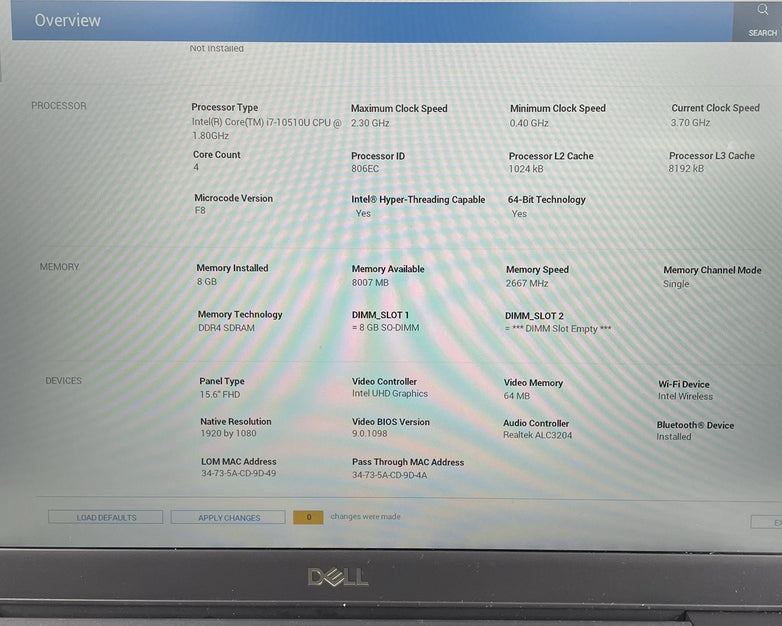 Dell Latitude 3510 15.6" i7-10510U 1.80 GHz 8 GB RAM No SSD/OS/AC - Bad Corner