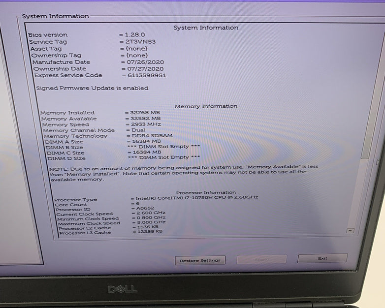 Dell Precision 7550 15.6'' Intel i7-10750H 2.6 GHz 32 GB Ram No OS No HDD