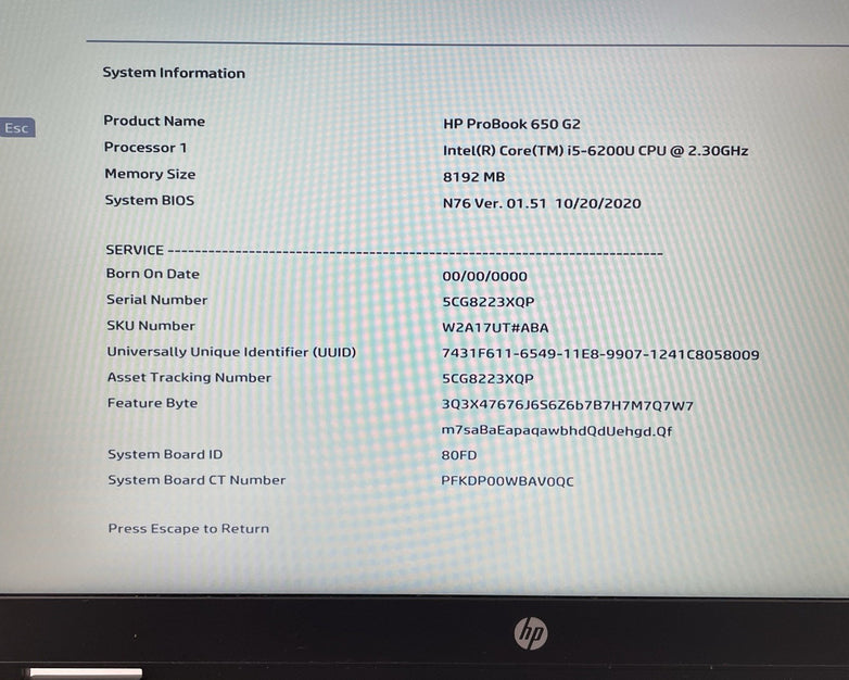 HP ProBook 650 G2 15.6" i5-6200U 2.30GHz 8GB RAM No SSD/OS/AC/Batt - Bad Corner