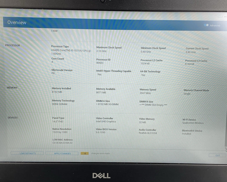 Dell Vostro 3490 14" i5-10210U 1.60 GHz 8 GB RAM No SSD No OS - Bad Edge