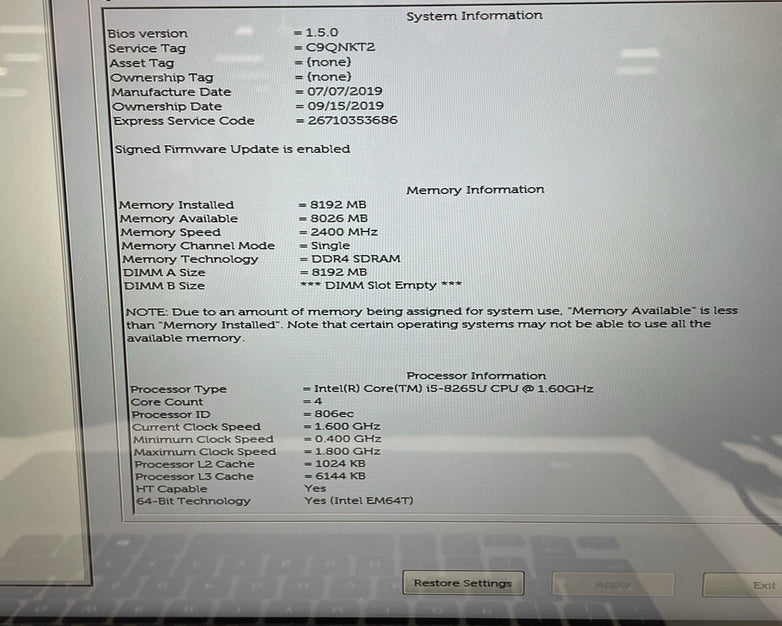 Dell Inspiron 7586 15.6" i5-8265U 1.60 GHz 8 GB RAM No SSD/OS/AC/Batt