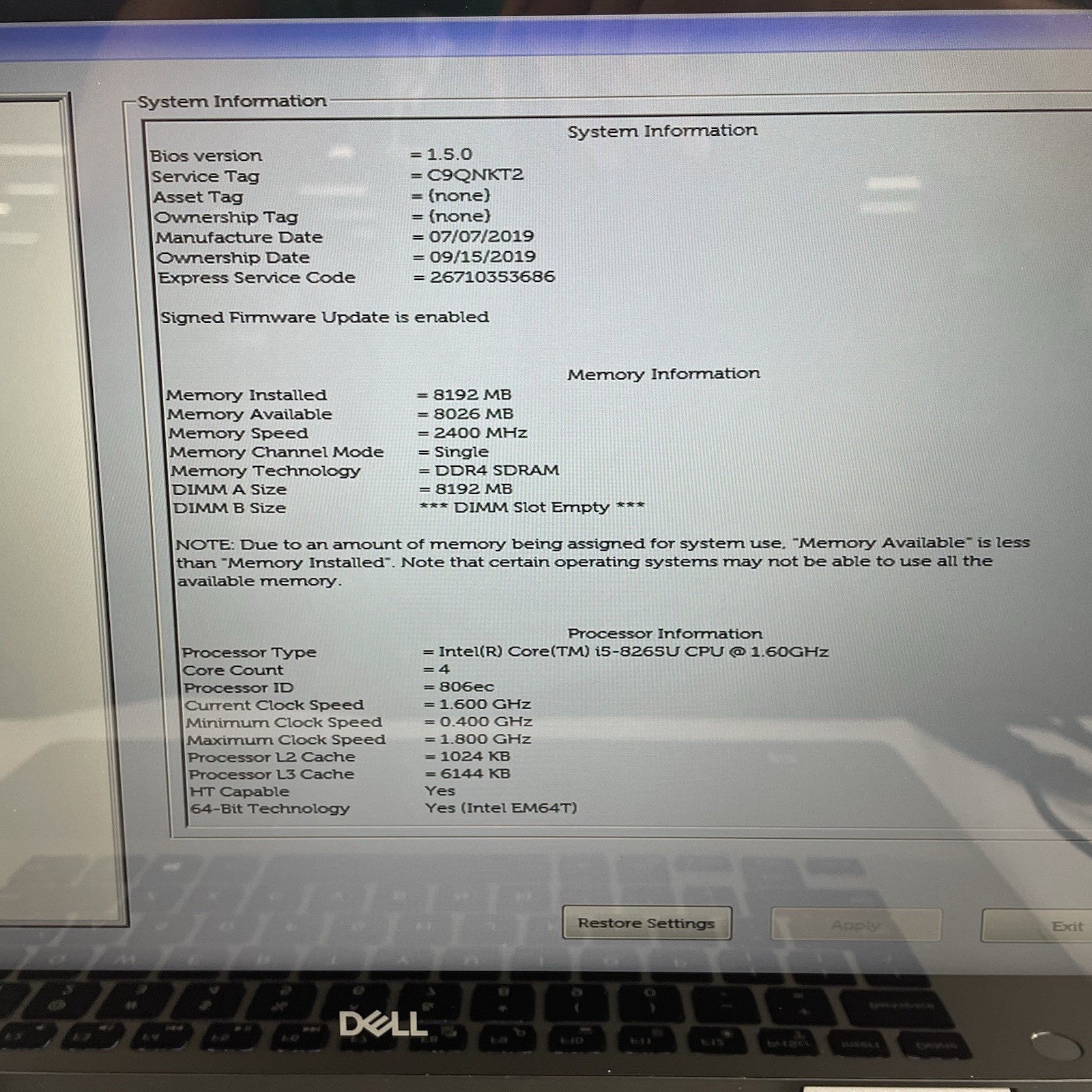 Dell Inspiron 7586 15.6" i5-8265U 1.60 GHz 8 GB RAM No SSD/OS/AC/Batt4