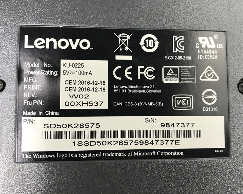 Lenovo KU-0225 Wired USB Keyboard Gray/Black SD50K28575