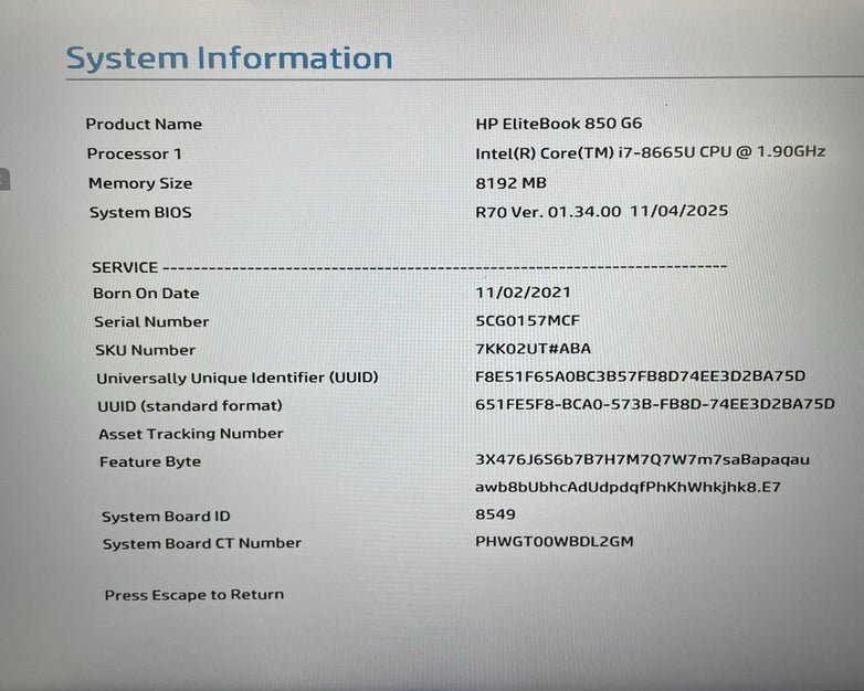 HP EliteBook 850 G6 15.6" i7-8665U 1.90 GHz 8 GB RAM No SSD/OS/AC
