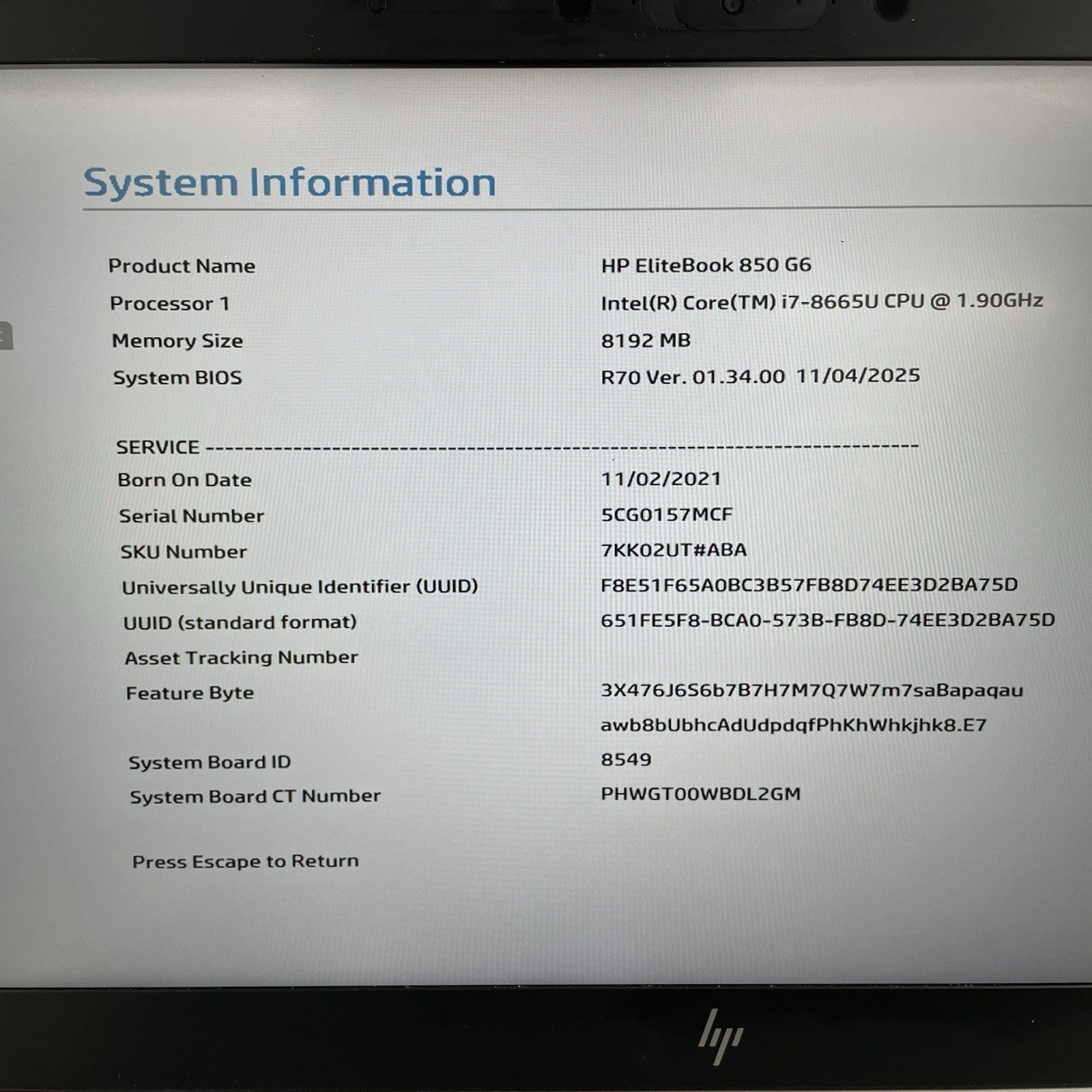HP EliteBook 850 G6 15.6" i7-8665U 1.90 GHz 8 GB RAM No SSD/OS/AC2