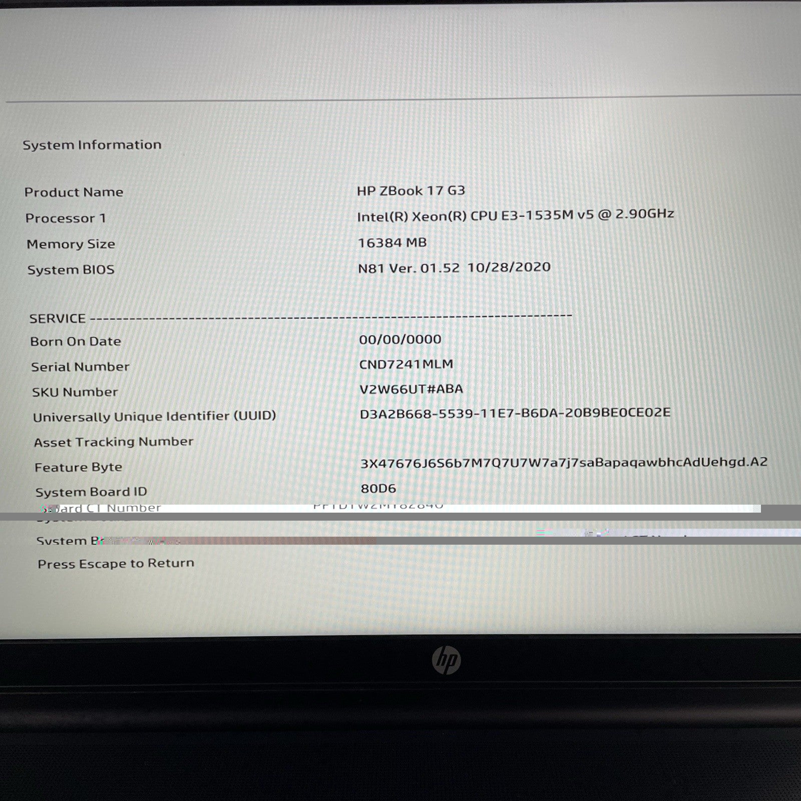 HP ZBook 17 G3 17.3" Xeon E3 1535M 2.90 GHz 16 GB RAM Quadro No SSD/OS/AC/Batt2