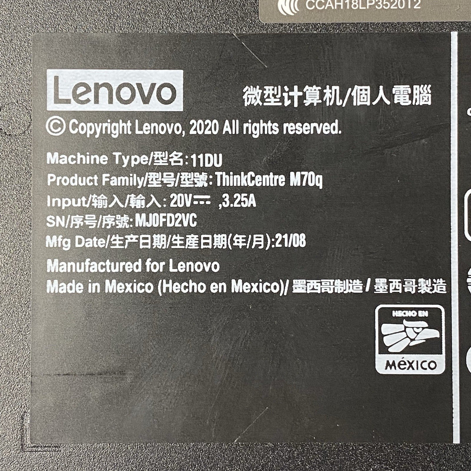Lenovo ThinkCentre M70q Intel i5-10500T 2.3GHz 16GB RAM No HDD OS Power Cord