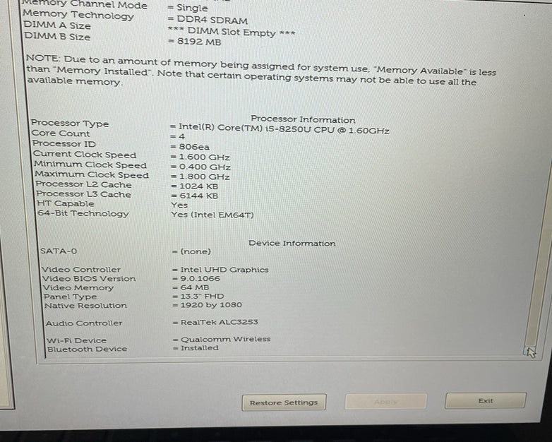 Dell Inspiron 5379 13.3" i5-8250U 1.60 GHz 8 GB RAM No SSD/OS/AC