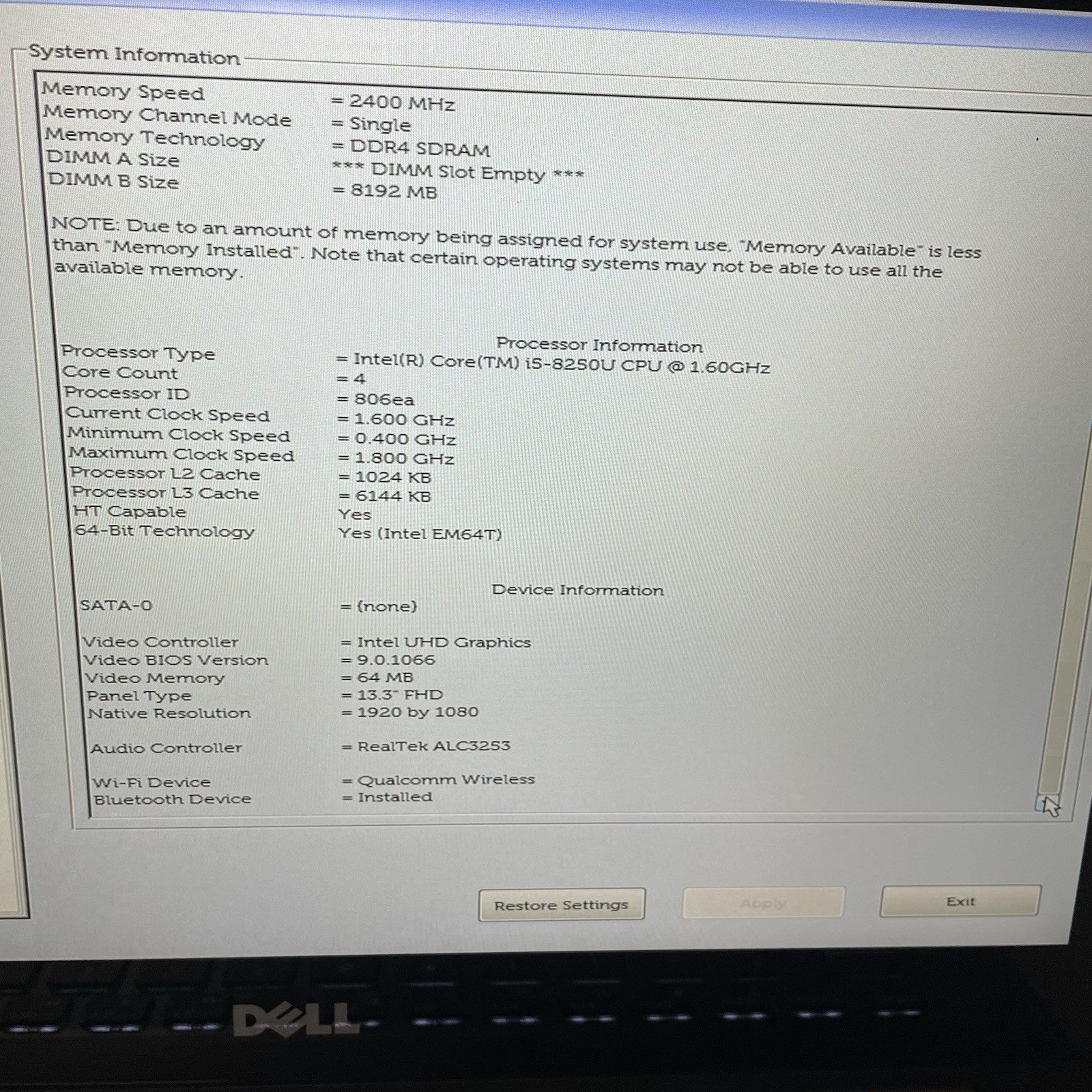 Dell Inspiron 5379 13.3" i5-8250U 1.60 GHz 8 GB RAM No SSD/OS/AC3