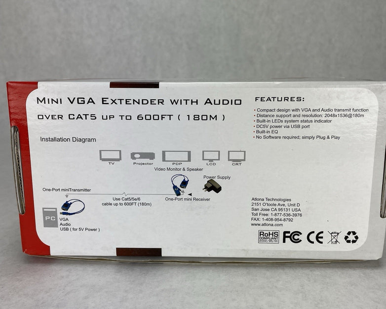 Atlona AT-VGA180ASR VGA Extender with Audio over Cat5 up to 600ft