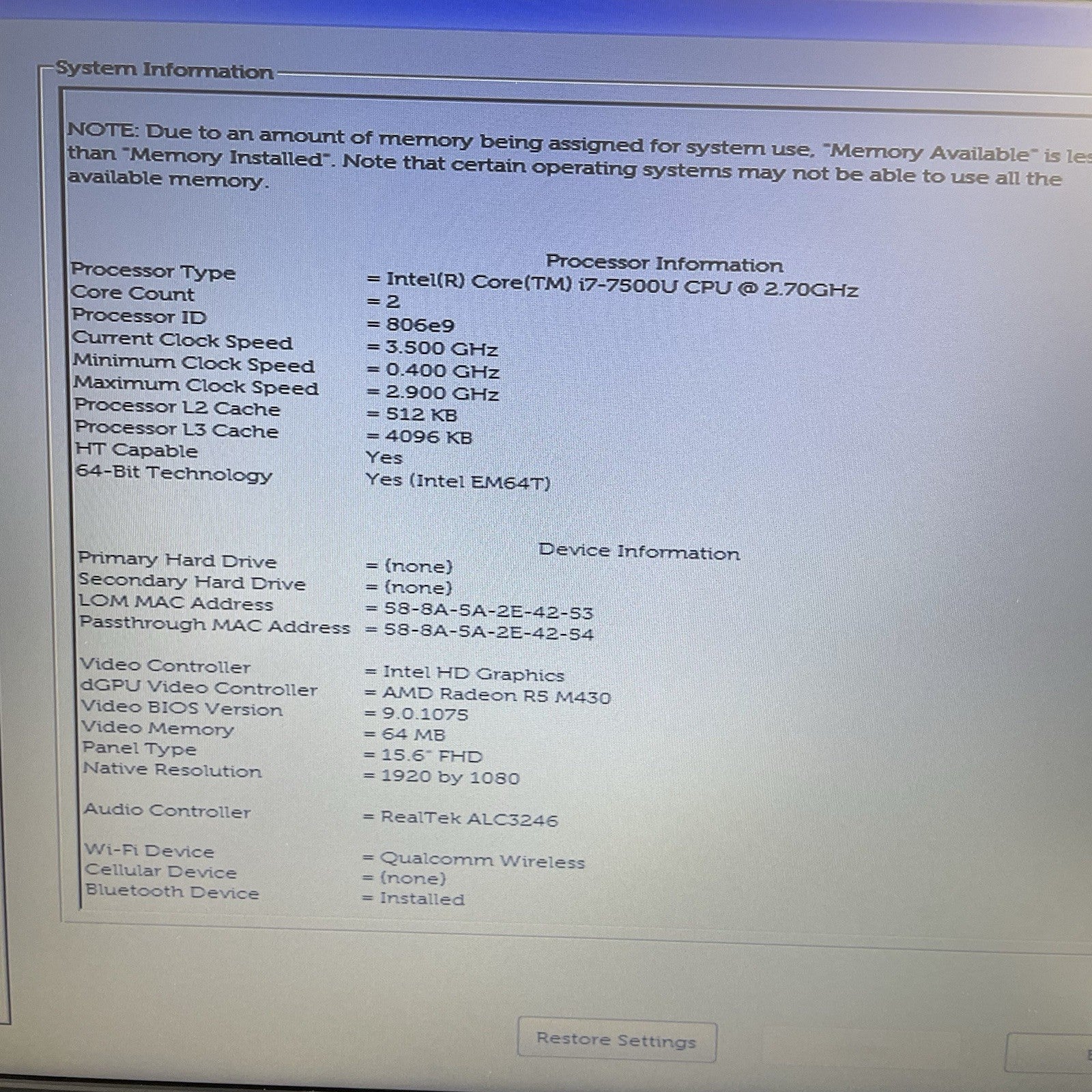 Dell Latitude 3580 15.6" i7-7500U 2.70 GHz 8 GB RAM No SSD/OS/AC/Battery2