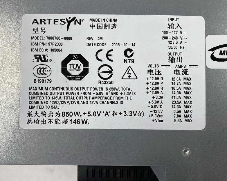 Artesyn 7000786-0000 IBM P/N: 97P2330 850W AC Power Supply