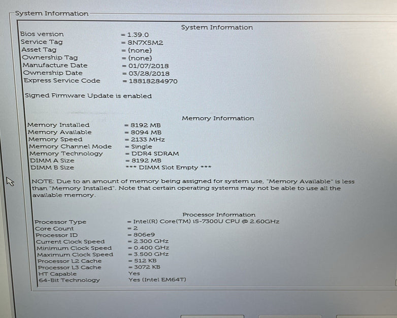 Dell Latitude 5580 15.6" i5-7300U 2.60 GHz 8 GB RAM No SSD/OS/AC