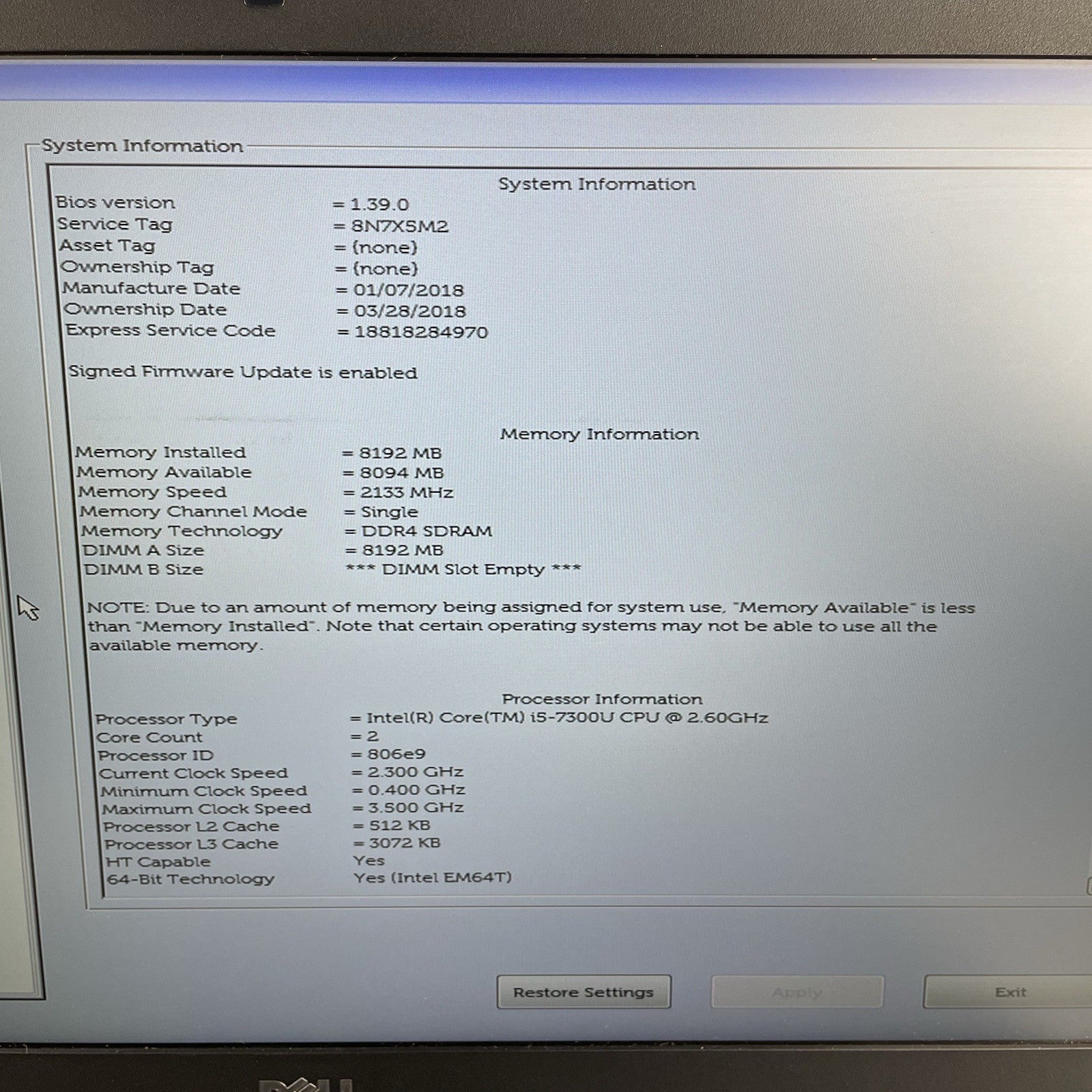 Dell Latitude 5580 15.6" i5-7300U 2.60 GHz 8 GB RAM No SSD/OS/AC2