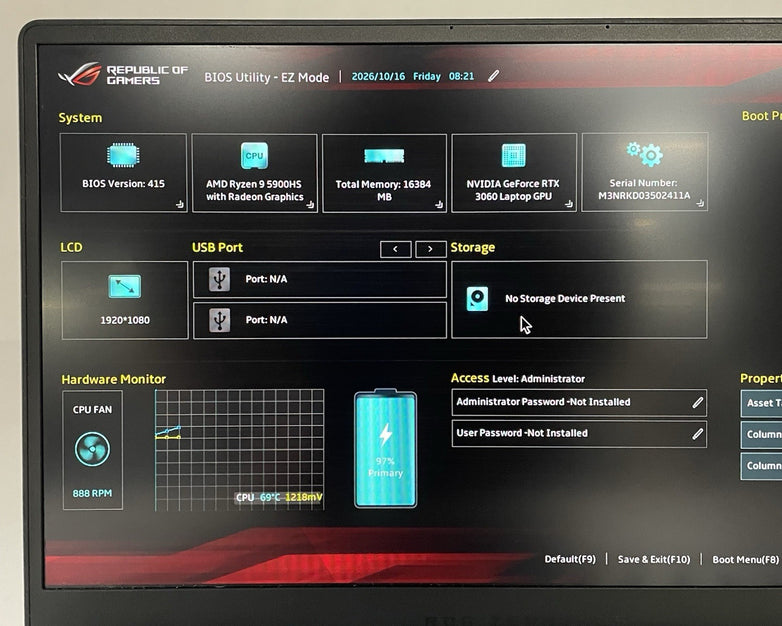 ASUS ROG GA401Q 14" Ryzen 9 5900HS 3.30GHz 16GB RAM RTX 3060 No SSD/OS/AC - READ