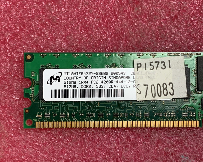 Micron (Lot of 2) 512 1Rx4 PC2-4200R-444-12-C0 Server Ram MT18HTF6472Y-53EB2