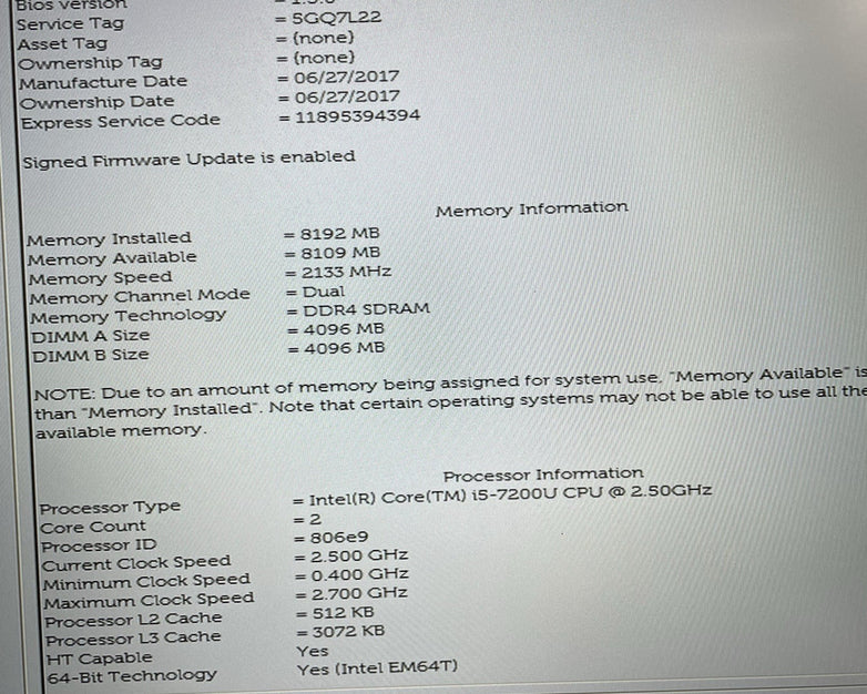 Dell Inspiron 5767 17.3" i5-7200U 2.50 GHz 8 GB RAM No SSD/OS/AC - BIOS