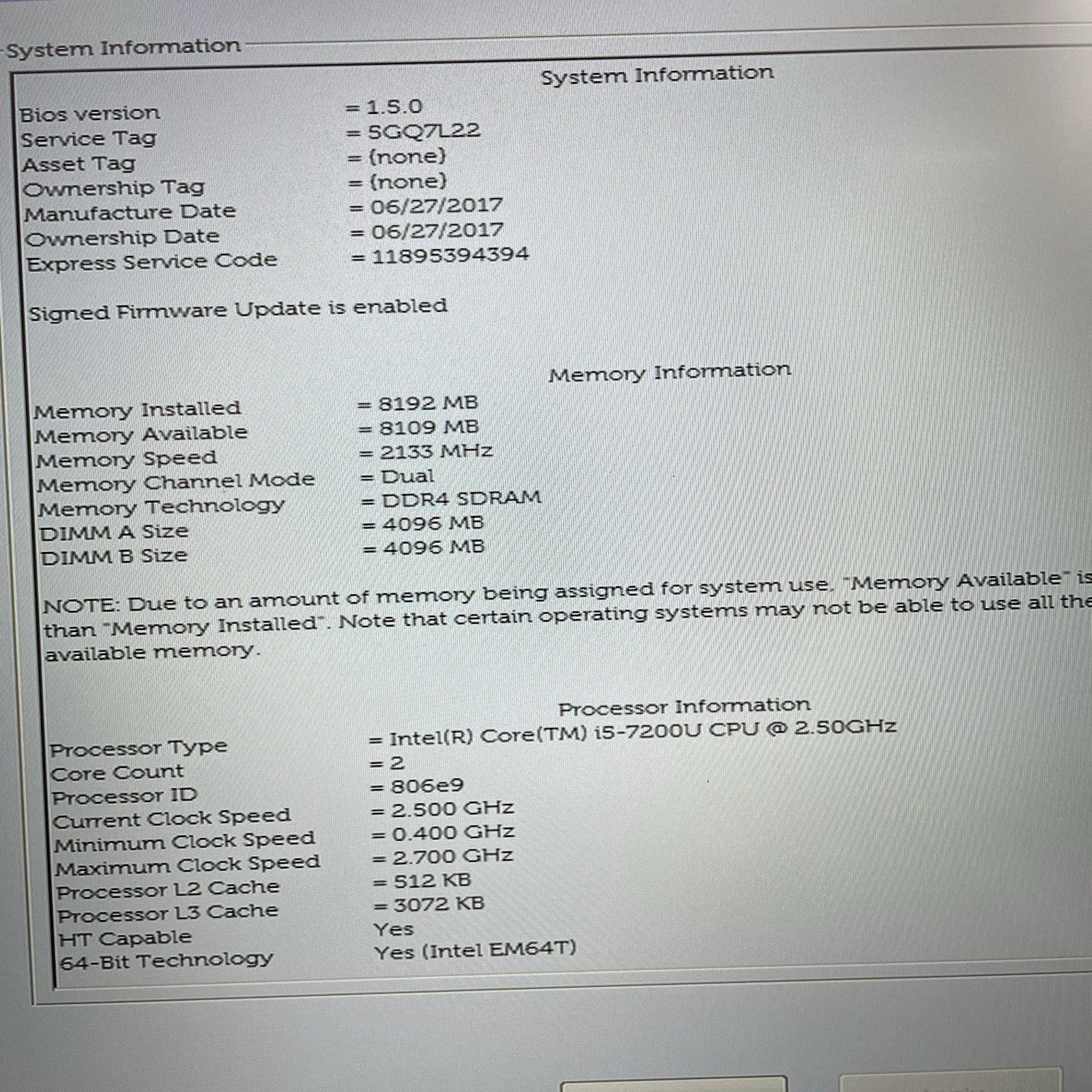Dell Inspiron 5767 17.3" i5-7200U 2.50 GHz 8 GB RAM No SSD/OS/AC - BIOS2