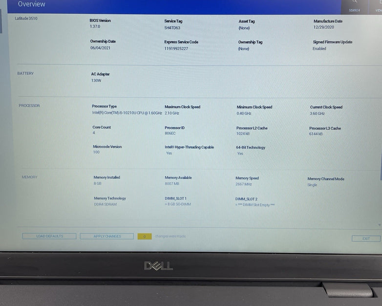 Dell Latitude 3510 15.6" i5-10210U 1.60 GHz 8 GB RAM No SSD/OS/AC/Batt